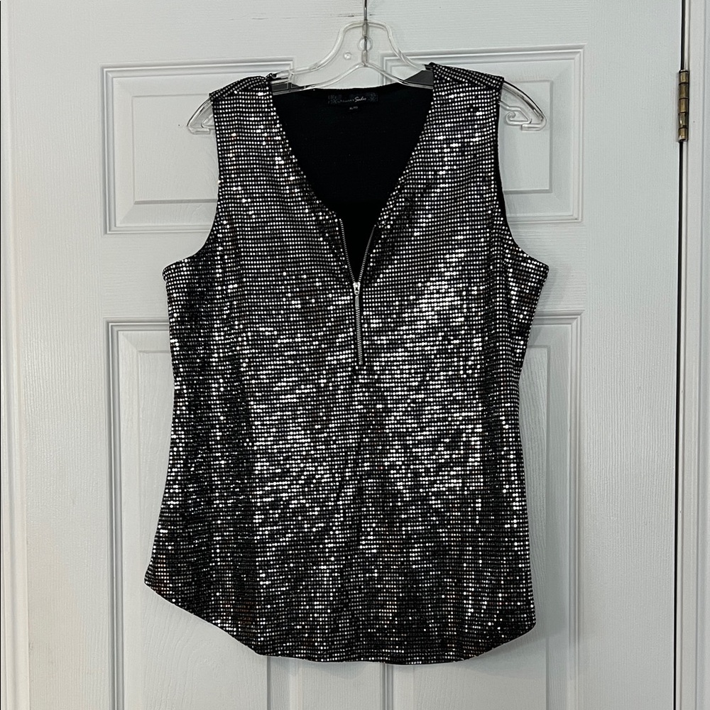Sparkling Sequin Zip-Front Blouse - Black and Silver